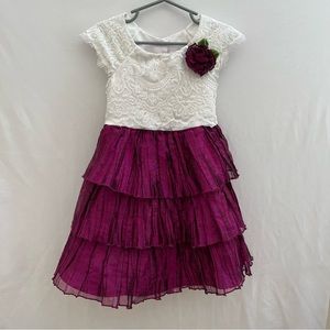 Jona Michelle cap sleeve girls 4T white red, burgundy flower lace tiered dress